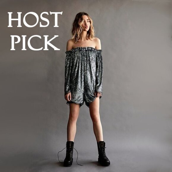 NWT Free People charcoal grey sequin & tulle romper - Picture 1 of 9